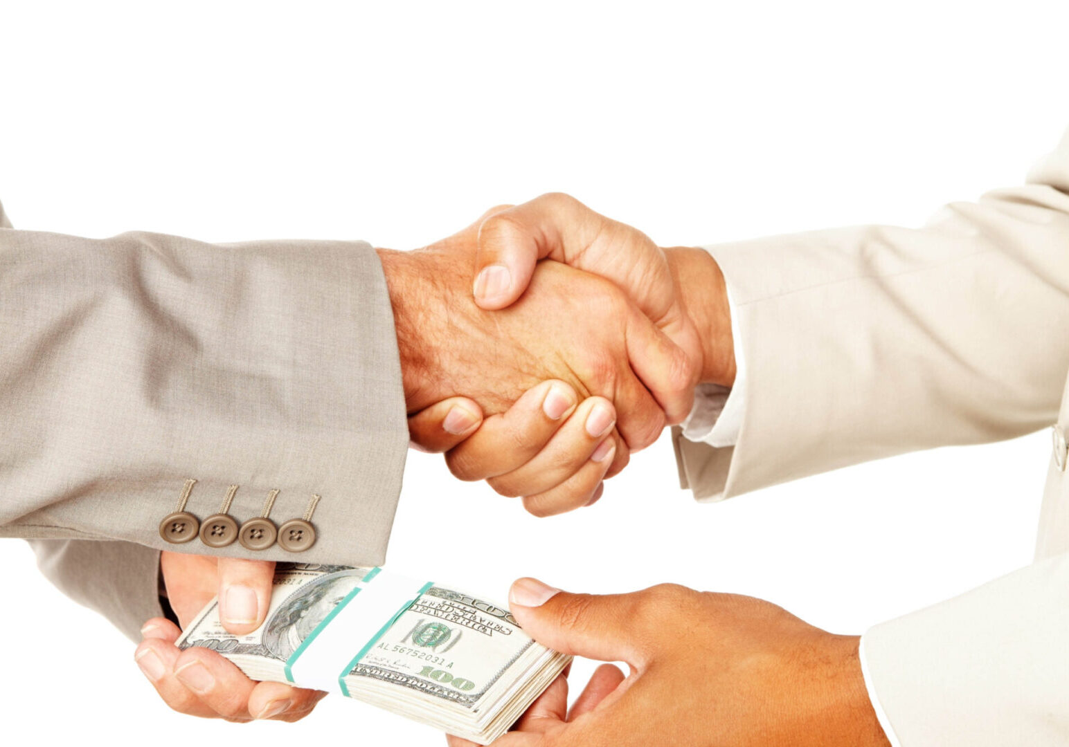 Close-up of a business people handshaking and bribing against white background